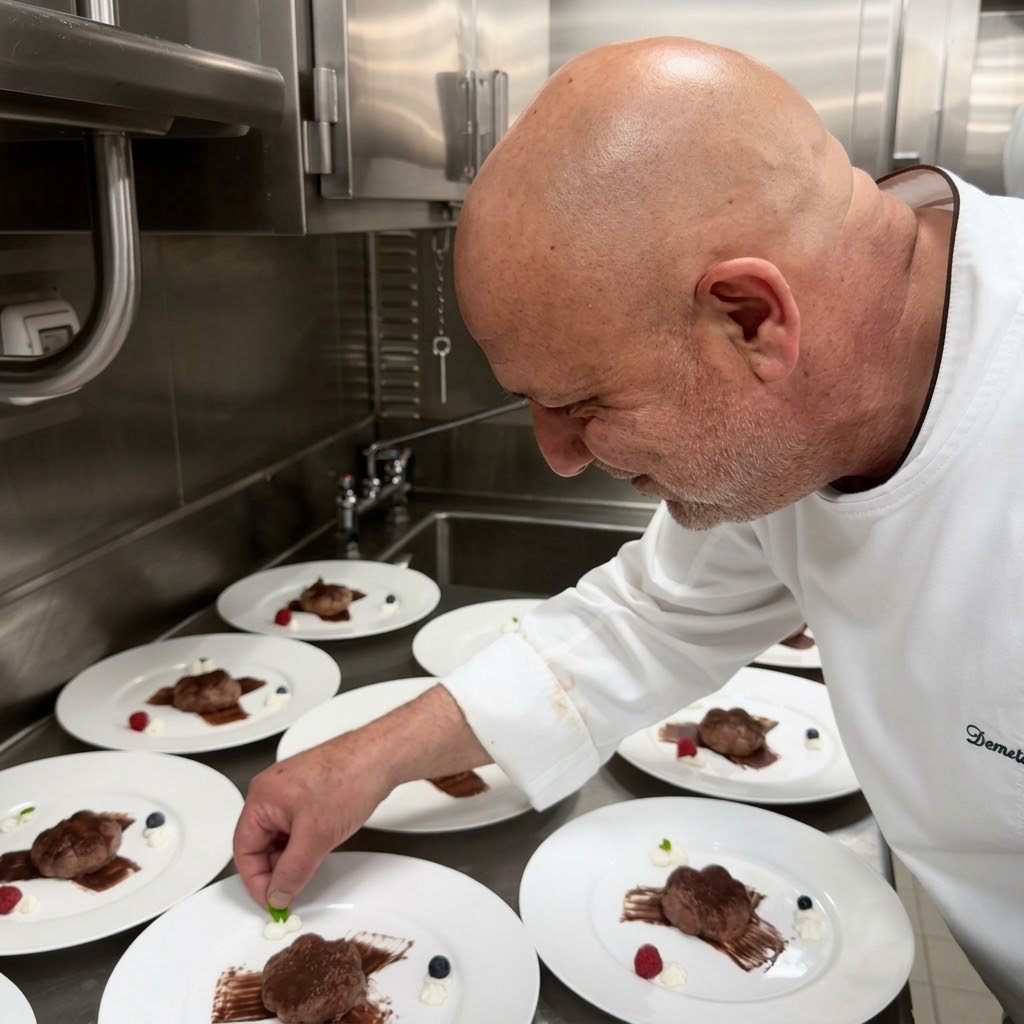 Demetrios plating chocolate tiramisu desserts in the kitchen